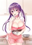  :d apron blush bowl breasts chocolate chocolate_on_fingers cleavage collarbone commentary_request cowboy_shot eyebrows_visible_through_hair eyes_visible_through_hair finger_to_mouth gochuumon_wa_usagi_desu_ka? highres indoors large_breasts long_hair looking_at_viewer mixing_bowl open_mouth piripun purple_eyes purple_hair short_sleeves smile solo tasting tedeza_rize twintails 