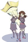  back-to-back belt black_ribbon blonde_hair blue_belt blue_eyes boots breasts brown_hair closed_mouth collared_shirt crossed_arms diana_cavendish dress eyebrows eyebrows_visible_through_hair high_heel_boots high_heels highres kagari_atsuko knee_boots legs_apart little_witch_academia long_hair long_sleeves multiple_girls pink_belt pink_eyes purple_dress purple_footwear ribbon shiny_rod shiratama_(hockey) shirt simple_background small_breasts smile standing v-shaped_eyebrows white_background white_shirt 