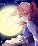  ahoge azuma_aya commentary_request full_moon hair_ornament japanese_clothes long_hair looking_at_viewer moon night night_sky obi onozuka_komachi red_eyes red_hair sash sky smile solo star_(sky) starry_sky touhou two_side_up wild_and_horned_hermit 