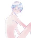  androgynous antarcticite back bad_id bad_twitter_id frown grey_eyes highres houseki_no_kuni looking_at_viewer nude short_hair sitting solo starrynight_ede white_background white_hair 