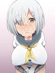  1girl blue_eyes blush breasts closed_mouth cum cum_on_hair elf_k embarrassed eyebrows eyebrows_visible_through_hair facial full-face_blush gloves hair_over_one_eye hamakaze_(kantai_collection) hands_together highres kantai_collection large_breasts legs looking_at_viewer school_uniform short_hair silver_hair simple_background skirt solo thighs white_gloves white_hair 