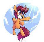  2018 cloud cub digital_media_(artwork) equine female feral friendship_is_magic hair horse mammal my_little_pony navel pegasus pony purple_eyes purple_hair scootaloo_(mlp) short_hair sky solo sourspot teeth wings young 