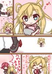  :d =_= ^_^ abukuma_(kantai_collection) admiral_(kantai_collection) apron bangs black_legwear black_shirt blonde_hair blue_eyes blush blush_stickers bowl box brown_eyes closed_eyes closed_mouth comic commentary_request double_bun eighth_note eyebrows_visible_through_hair frilled_apron frills gift gift_box grey_footwear grey_skirt hair_between_eyes hair_rings heart heart-shaped_box holding holding_bowl holding_gift kantai_collection kinu_(kantai_collection) komakoma_(magicaltale) long_hair multiple_girls musical_note nose_blush open_mouth pink_apron pleated_skirt purple_hair school_uniform serafuku shirt side_bun silhouette skirt smile thighhighs translated twintails valentine very_long_hair 