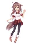  :d animal_ears bell black_legwear boots bow bowtie brown_eyes brown_footwear brown_hair dog_ears dog_girl dog_tail dress_shirt fang full_body highres long_hair open_mouth original pantyhose plaid plaid_skirt shirt short_sleeves simple_background skirt smile tail too-ye white_background 