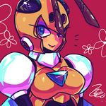  android antennae blue_eyes blush breasts capcom eyelashes eyeshadow flower helmet honey_woman lipstick long_eyelashes looking_at_viewer looking_to_the_side robot_girl rockman rockman_(classic) signature 