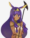  animal_ears artist_name blush closed_mouth dark_skin egyptian egyptian_clothes facial_mark fate/grand_order fate_(series) hairband holding holding_staff jackal_ears jewelry long_hair looking_away looking_to_the_side mochii nitocris_(fate/grand_order) purple_eyes purple_hair sidelocks simple_background solo staff very_long_hair white_background 