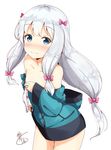 absurdres aikawa_ryou bare_shoulders blue_eyes bow bow_panties commentary_request eromanga_sensei flat_chest hair_bow hair_ribbon highres holding holding_panties izumi_sagiri jacket long_hair looking_at_viewer low-tied_long_hair panties panties_removed ribbon silver_hair simple_background smile solo underwear white_background white_panties 