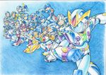  :d absurdres alternate_costume blue_background clenched_hand fighting_stance green_eyes headset helmet highres horn millipen_(medium) open_mouth robot rockman rockman_x smile traditional_media visor watercolor_pencil_(medium) x_(rockman) zero_(rockman) 