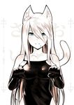 animal_ears black_dress black_gloves blue_eyes cat_ears cat_tail commentary cowfee dress elbow_gloves gloves hair_between_eyes highres kemonomimi_mode long_hair looking_at_viewer mole mole_under_mouth nier_(series) nier_automata paw_pose simple_background solo tail upper_body very_long_hair watermark white_background white_hair yorha_type_a_no._2 