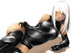  bodysuit breasts commentary_request dark_skin elbow_gloves gloves large_breasts latex long_hair looking_at_viewer original orihika shiny skin_tight solo tan white_hair 