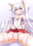  animal_ears azur_lane bangs bare_shoulders blush breasts brown_eyes bunny_ears camisole closed_mouth collarbone commentary_request eyebrows_visible_through_hair hair_between_eyes hair_ornament hairband jacket laffey_(azur_lane) lifted_by_self long_hair long_sleeves looking_at_viewer medium_breasts off_shoulder optronics panties pink_jacket pleated_skirt red_hairband red_skirt sidelocks silver_hair sitting skirt skirt_lift solo spread_legs striped striped_panties thighhighs twintails underwear very_long_hair white_camisole white_legwear 