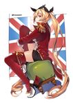  azur_lane blonde_hair blush boots braid breast_lift breast_press breasts closed_mouth coat dutch_angle epaulettes flag_background full_body knee_up large_breasts leg_hug long_hair long_sleeves looking_at_viewer looking_to_the_side nelson_(azur_lane) open_clothes open_coat profile red_coat red_eyes red_footwear shiny shiny_hair sideboob sideways_glance sitting solo stool super_zombie thigh_boots thighhighs twin_braids twintails union_jack very_long_hair zettai_ryouiki 