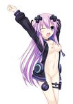  ;o absurdres adult_neptune black_choker blush breasts choker cowboy_shot d-pad d-pad_hair_ornament hair_ornament hand_behind_head hand_up highres holster hood hooded_jacket jacket long_hair looking_at_viewer medium_breasts navel nepsuka_(hachisuka) neptune_(series) nipples no_bra no_panties one_eye_closed open_clothes open_jacket open_mouth purple_hair purple_pubic_hair pussy shin_jigen_game_neptune_vii simple_background solo stretch teardrop thigh_strap uncensored very_long_hair white_background yawning 