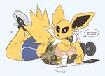  3_fingers angry big_breasts breast_rest breasts clothing dialogue dumbbell eeveelution fan_character female fur headphones jolteon kilinah lying nintendo on_front phone pok&eacute;mon pok&eacute;mon_(species) shorts tattoo video_games weights yellow_fur 