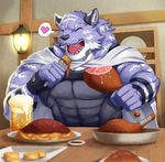  2018 abs alcohol anthro beer beverage biceps big_muscles clothing digital_media_(artwork) eyes_closed feline food hi_res male mammal muscular muscular_male open_mouth pecs simple_background tiger urakata5x 