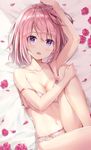  :d arm_up bed_sheet bow bow_panties bra breasts cleavage eyebrows_visible_through_hair fate/grand_order fate_(series) feet_out_of_frame flower from_above highres knee_up looking_at_viewer lying mash_kyrielight medium_breasts navel on_back open_mouth panties petals pink_bow pink_bra pink_flower pink_hair pink_panties pink_rose purple_eyes rin_yuu rose rose_petals shiny shiny_hair short_hair smile solo stomach strap_slip thighs underwear underwear_only 