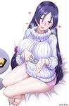  barefoot bed blush boyshorts breasts commentary_request fate/grand_order fate_(series) food full-face_blush full_body half-closed_eyes heart huge_breasts legs long_hair looking_at_viewer mature minamoto_no_raikou_(fate/grand_order) on_bed open_mouth purple_eyes purple_hair short_shorts shorts sitting solo sweater unadon very_long_hair 