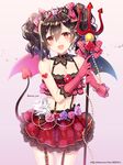  :d arm_tattoo asymmetrical_wings bangs bare_shoulders black_hair blush bow breasts cleavage cowboy_shot demon_girl demon_horns demon_tail demon_wings earrings elbow_gloves eyebrows_visible_through_hair floral_print flower garter_straps glint gloves hair_bow hair_ornament hairclip heart holding horns jewelry layered_clothing layered_skirt looking_at_viewer love_live! love_live!_school_idol_project navel open_mouth pink_background pink_bow pink_gloves pixiv_id polearm polka_dot polka_dot_bow print_skirt purple_flower purple_rose red_eyes red_skirt rose rose_print shiny shiny_hair shiny_skin short_hair short_twintails simple_background skirt small_breasts smile solo sparkle standing stomach suspender_skirt suspenders tail tareme tattoo trianon trident twintails twitter_username vertical-striped_gloves watermark wavy_mouth weapon web_address wings yazawa_nico 