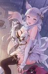  :d animal_ears bangs bare_shoulders black_legwear blue_eyes blunt_bangs blush box breasts chocolate cleavage commentary_request deck dress elbow_gloves eliskalti erune fingerless_gloves gloves granblue_fantasy hair_ornament heart-shaped_box highres korwa long_hair looking_at_viewer md5_mismatch medium_breasts open_mouth outdoors scarf ship silver_hair sitting skindentation smile solo thighhighs valentine watercraft white_gloves white_legwear 