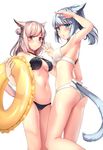  :o animal_ears arm_up aruma_jiki ass bangs bare_shoulders bikini black_bikini blue_eyes blunt_bangs blush breasts cat_ears cat_tail cleavage closed_mouth commentary_request eyebrows_visible_through_hair facial_mark final_fantasy final_fantasy_xiv hair_bun holding innertube light_brown_hair long_hair looking_at_viewer looking_back medium_breasts miqo'te multiple_girls navel open_mouth ponytail red_eyes short_hair sideboob sidelocks silver_hair simple_background slit_pupils smile standing swimsuit tail white_background white_bikini yellow_innertube 