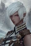  artist_name chuby_mi close-up closed_mouth earrings elezen elf face final_fantasy final_fantasy_xiv highres jewelry lips looking_at_viewer md5_mismatch pointy_ears red_eyes short_hair snowing solo upper_body white_hair wind 