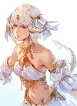  au_ra bare_shoulders blue_eyes closed_mouth detached_sleeves dragon_horns dragon_tail final_fantasy final_fantasy_xiv halter_top halterneck headdress highres horns lips makimura_shunsuke midriff scales short_hair simple_background solo tail white_hair 