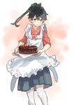  apron black_hair blush bow cake chocolate_cake commentary_request food hair_bow hakama holding holding_cake holding_food houshou_(kantai_collection) japanese_clothes kantai_collection kimono looking_at_viewer matsutani pantyhose simple_background smile solo valentine white_legwear 