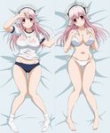  1girl bare_shoulders barefoot bikini blush bra breast_suppress breasts buruma curvy dakimakura feet female gym_uniform hand_on_forehead hands_on_own_chest headphones large_breasts laying legs long_hair looking_at_viewer midriff navel nitroplus pink_bra pink_hair red_eyes shirt skindentation smile socks solo super_sonico swimsuit t-shirt thigh_gap thighs transparent underwear uniform white_bikini 