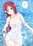  ? bare_arms bare_shoulders breasts brown_eyes cameltoe cleavage cowboy_shot dress flower frapowa hair_flower hair_ornament long_hair looking_at_viewer love_live! love_live!_sunshine!! medium_breasts nipples panties pool pool_ladder red_hair sakurauchi_riko see-through sleeveless sleeveless_dress solo speech_bubble spoken_question_mark straight_hair strap_slip tareme thighs underwear water water_drop wet wet_clothes wet_dress white_dress white_panties 