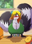  2018 anthro big_breasts big_tail blonde_hair blush breasts chest_tuft cleavage clothed clothing exercise female fluffy fluffy_tail footwear fur grey_fur hair inside long_tail looking_down mammal mastergodai multicolored_fur multicolored_hair orange_hair procyonid push-up raccoon red_eyes shirt shoes tuft two_tone_fur 