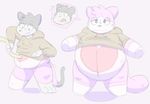 &lt;3 2018 3_toes animate_inanimate anthro blue_eyes bottomless cat clothed clothing digital_drawing_(artwork) digital_media_(artwork) feline fur grey_fur inflation intoxicat2 living_plush long_tail male mammal multicolored_fur open_mouth overweight plushie sequence simple_background solo standing sweater teeth toes toxi transformation weight_gain 