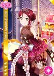  blush brown_eyes character_name dress gloves headdress long_hair love_live!_school_idol_festival love_live!_sunshine!! maroon_hair ponytail sakurauchi_riko smile valentines 