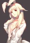  animal_ears au_ra bangs blonde_hair blunt_bangs bunny_ears caidychen closed_mouth commentary earrings final_fantasy final_fantasy_xiv grey_background highres jewelry long_hair long_sleeves looking_at_viewer platinum_blonde_hair red_eyes red_lips simple_background solo sweater white_sweater 