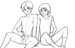  arm_support armin_arlert artist_request bad_source blush clothes_removed erection eren_yeager greyscale lineart looking_at_another lowres male_focus masturbation monochrome multiple_boys navel parted_lips pubic_hair shingeki_no_kyojin shirt socks t-shirt underwear underwear_aside 