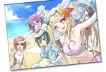  3boys 3girls :d ;o ahoge akamatsu_kaede arm_up armpits ball bangs beach beach_towel beach_umbrella beachball bikini blonde_hair blue_jacket breasts brown_hair casual_one-piece_swimsuit cleavage cloud collarbone danganronpa day drinking flower folded_ponytail frilled_swimsuit frills green_hair grey_swimsuit hair_between_eyes hair_flower hair_ornament hand_on_hip harukawa_maki hibiscus horizon jacket long_hair looking_at_viewer low_twintails medium_breasts momota_kaito multiple_boys multiple_girls musical_note_hair_ornament navel new_danganronpa_v3 one-piece_swimsuit one_eye_closed open_clothes open_jacket open_mouth ouma_kokichi outstretched_arm photo_(object) pink_bikini pink_eyes purple_eyes purple_hair purple_shorts red_eyes red_hair saihara_shuuichi sarong self_shot shaded_face shiro_q~ shirt short_sleeves shorts sidelocks sitting smile standing stomach sweatdrop swept_bangs swimsuit towel twintails umbrella v very_long_hair white_shirt yellow_eyes yumeno_himiko 