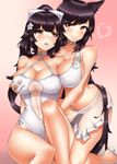  absurdres animal_ears atago_(azur_lane) azur_lane bikini black_hair bow breasts brown_eyes cherry_blossoms cleavage collarbone commentary_request competition_swimsuit derivative_work fox_ears grabbing grabbing_from_behind hair_bow hair_ribbon highres kneeling large_breasts multiple_girls navel one-piece_swimsuit oooqqq ponytail ribbon see-through sitting smile swimsuit takao_(azur_lane) white_bikini 