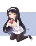  :d ankle_lace-up bangs bare_shoulders black_hair black_legwear blue_neckwear blush box breasts brown_eyes cleavage commentary cross-laced_footwear detached_collar detached_sleeves eyebrows_visible_through_hair foreign_blue full_body gift gift_box girls_frontline gloves grey_footwear hairband hands_up heart-shaped_box highres holding holding_gift kneeling large_breasts long_hair long_sleeves looking_at_viewer open_mouth pantyhose pleated_skirt qbz-95_(girls_frontline) shirt sidelocks skirt smile solo upper_teeth valentine very_long_hair white_gloves white_hairband white_shirt white_skirt 