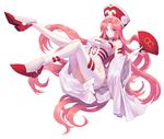  blue_eyes breasts commentary_request elbow_gloves facial_mark fingerless_gloves gloves hat highleg highres houshin_engi large_breasts leotard long_hair looking_at_viewer pink_hair smile so_dakki solo thighhighs u_mai very_long_hair white_legwear 