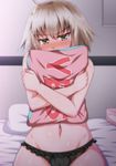  ahoge black_panties blonde_hair blush commentary_request english eyebrows_visible_through_hair fate_(series) frilled_panties frills groin head_tilt highres indoors jeanne_d'arc_(alter)_(fate) jeanne_d'arc_(fate)_(all) looking_at_viewer navel nose_blush on_bed panties pillow pillow_hug sitting solo tears toono_suika underwear yellow_eyes yes yes-no_pillow 