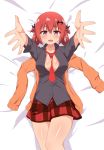  1girl bangs bed black_shirt blazer blush breasts cleavage come_hither gabriel_dropout hair_ornament hair_tie highres jacket kurumizawa_satanichia_mcdowell looking_at_viewer lying necktie open_clothes open_mouth plaid plaid_skirt reaching_out red_eyes red_hair shirt skirt smile unbuttoned unbuttoned_shirt 
