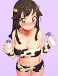  animal_ears animal_print bangs bare_shoulders bell bell_choker blush bottle breasts brown_eyes brown_hair character_request choker cleavage closed_mouth collarbone commentary_request cow_bell cow_ears cow_girl cow_horns cow_print cowboy_shot dot_nose fingerless_gloves gloves hands_up heart heart-shaped_pupils highleg highleg_panties highres holding holding_bottle horns large_breasts lavender_background leaning_forward long_hair looking_at_viewer milk milk_bottle minato_(haexxxmint) navel nose_blush original panties print_gloves print_shirt print_shorts red_choker red_panties shirt short_shorts shorts simple_background smile solo standing stomach strapless suggestive_fluid sweat swept_bangs symbol-shaped_pupils taut_clothes taut_shirt tubetop underwear 
