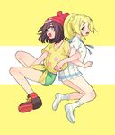  beanie black_hair blonde_hair green_eyes green_shorts hat itou_(very_ito) lillie_(pokemon) locked_arms long_hair mizuki_(pokemon) multiple_girls open_mouth pokemon pokemon_(game) pokemon_sm ponytail red_hat shirt short_hair short_sleeves shorts simple_background skirt tied_shirt white_shirt white_skirt 