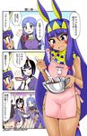  3girls :d ^_^ ^o^ alcohol animal_ears apron black_hair blue_eyes blue_hair bottle bunny_ears caster closed_eyes comic commentary_request cup eyeliner facial_tattoo fate/grand_order fate/stay_night fate_(series) fujimaru_ritsuka_(male) highres holding long_hair makeup medjed multiple_girls nitocris_(fate/grand_order) oni_horns open_mouth pointy_ears potion purple_eyes sakazuki sake short_hair shuten_douji_(fate/grand_order) smile sweat tattoo translated twitter_username yamato_nadeshiko 