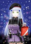  ammunition_pouch bag bangs belt beret black_legwear blunt_bangs blurry blush bokeh breasts buckle buttons combat_knife commentary_request depth_of_field eyebrows_visible_through_hair eyes_visible_through_hair facepaint german_flag gift_bag girls_frontline gloves green_eyes hair_ornament happy_valentine hat hk416_(girls_frontline) holding holding_bag jacket knife knife_holster large_breasts light_particles long_hair looking_at_viewer open_mouth plaid plaid_skirt pleated_skirt pouch shailiar shopping_bag signature silver_hair skirt smile solo sparkle teardrop thighhighs valentine weapon 