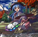  barefoot blouse blue_hair blue_sky bow bowl bowl_hat bowtie cloud commentary_request day fishing_rod food forest fruit hat highres hinanawi_tenshi holding holding_fishing_rod japanese_clothes kimono leaf long_hair long_sleeves looking_at_another multiple_girls nature obi open_mouth outdoors peach puffy_short_sleeves puffy_sleeves purple_hair red_bow red_eyes red_kimono red_neckwear rock sash shope short_hair short_sleeves sidelocks sitting sky smile sukuna_shinmyoumaru sweatdrop touhou tree water white_blouse 