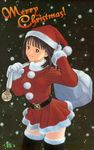  belt black_hair black_legwear brown_eyes carrying_over_shoulder christmas cowboy_shot fur_trim gloves hand_to_head hat i&quot;s katsura_masakazu logo long_hair long_sleeves merry_christmas non-web_source official_art sack santa_costume santa_hat skirt smile snowing solo thighhighs white_gloves yoshizuki_iori 