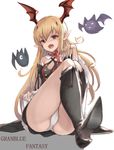  ass bare_shoulders bat bat_wings black_dress blonde_hair boots cosplay detached_collar detached_sleeves dress fang granblue_fantasy hand_in_hair head_wings highres krul_tepes krul_tepes_(cosplay) long_hair looking_at_viewer open_mouth orange_eyes owari_no_seraph panties pointy_ears shaded_face shousumi_(ljayxh) sitting solo thigh_boots thighhighs underwear vampire vampy white_background white_panties wings 