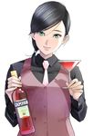  bangs bartender black_hair buttons campari closed_mouth cocktail_glass commentary_request cup drinking_glass fingernails green_eyes hayakawa_pao highres holding holding_cup lips long_hair long_sleeves looking_at_viewer madoromi_barmaid necktie ponytail simple_background solo upper_body vest white_background 