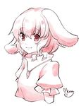  animal_ears bunny_ears carrot closed_mouth commentary eyebrows_visible_through_hair inaba_tewi jewelry mana_(tsurubeji) monochrome pendant pink puffy_short_sleeves puffy_sleeves shirt short_hair short_sleeves signature solo touhou upper_body wavy_mouth 