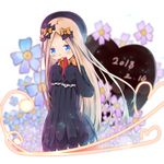  abigail_williams_(fate/grand_order) bangs black_bow black_dress black_hat blue_eyes blue_flower blurry blurry_background blush bow box bug butterfly chocolate chocolate_heart commentary_request covered_mouth dated depth_of_field dress eyebrows_visible_through_hair fate/grand_order fate_(series) flower forehead gift gift_box gun hair_bow hat heart highres holding holding_gun holding_weapon insect light_brown_hair long_hair long_sleeves looking_at_viewer orange_bow parted_bangs pink_flower polka_dot polka_dot_bow sleeves_past_fingers sleeves_past_wrists solo su_guryu valentine very_long_hair weapon white_background 
